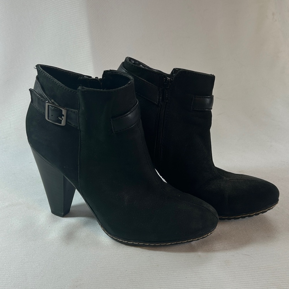Women's Black Suede Ankle Booties with Buckle Accent